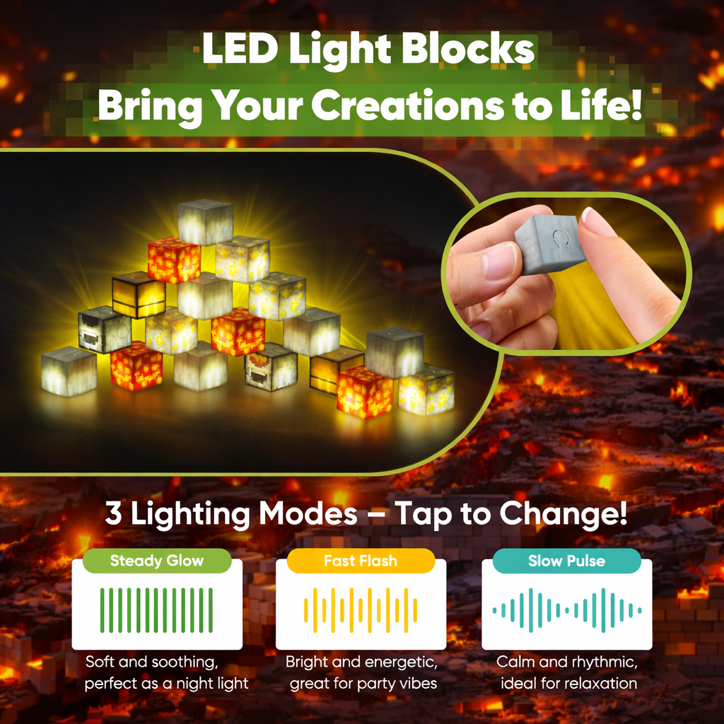EJO World 128-Piece LED Magnetic Blocks – Lava & Volcano Adventure Set