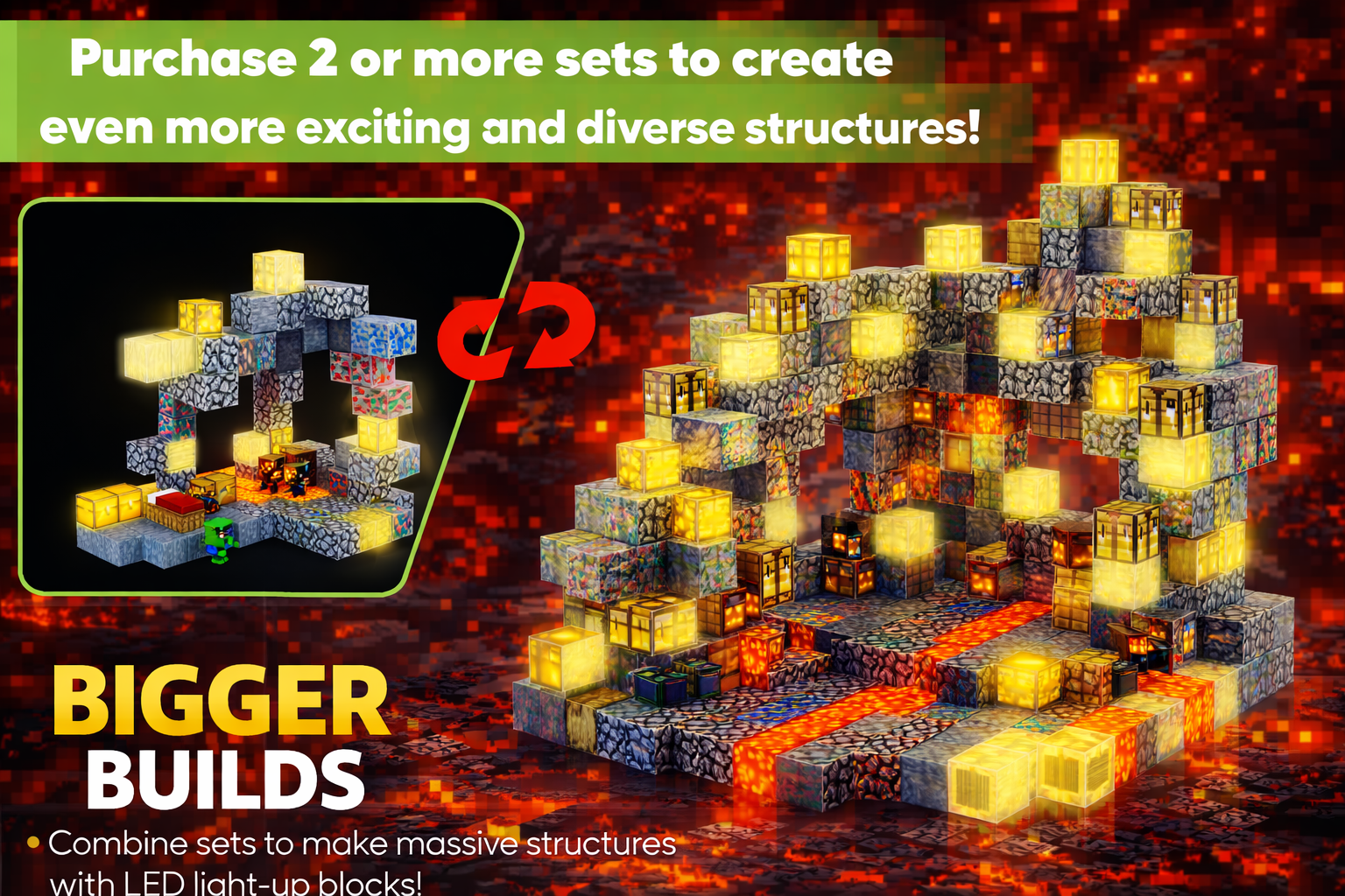 EJO World 128-Piece LED Magnetic Blocks – Lava & Volcano Adventure Set
