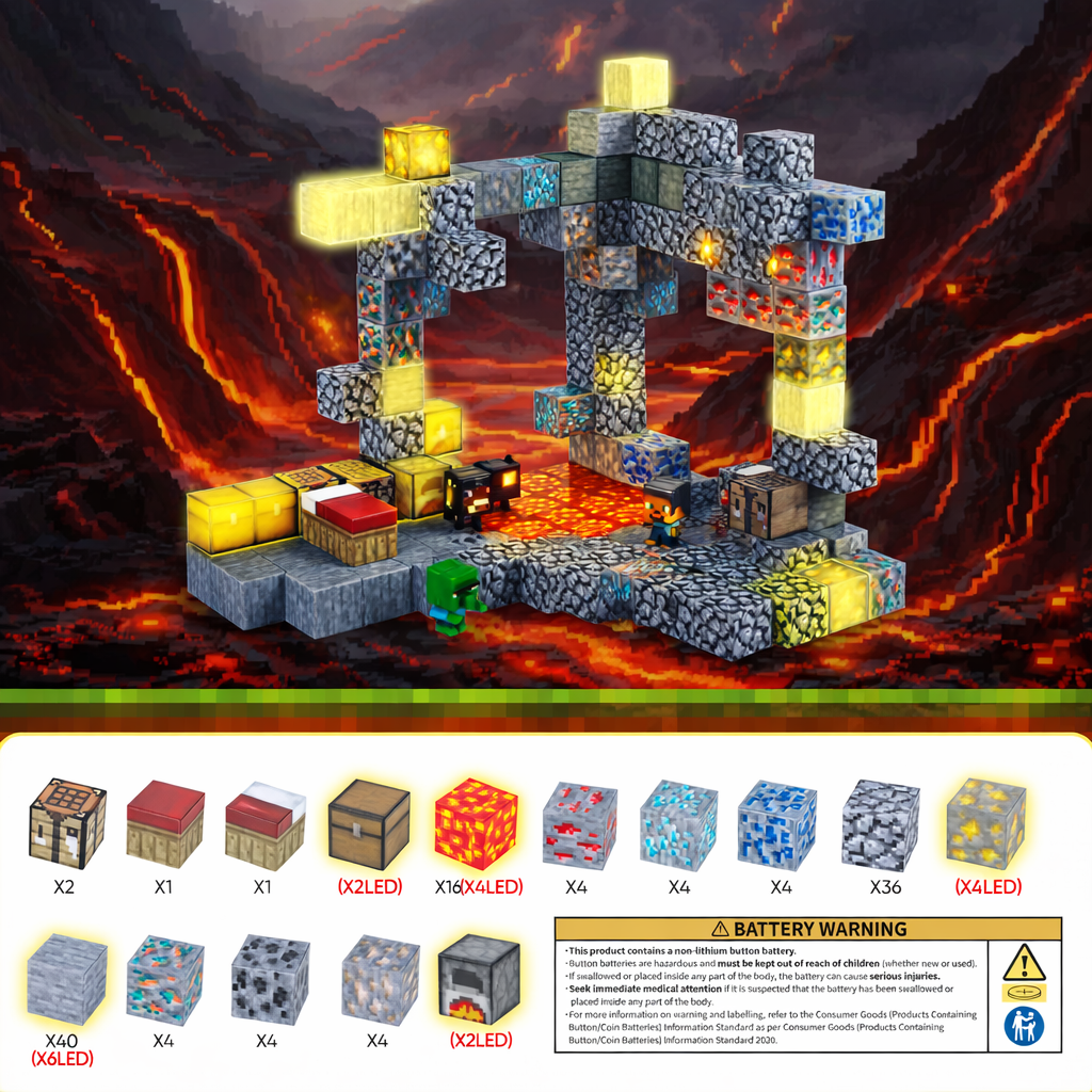 EJO World 128-Piece LED Magnetic Blocks – Lava & Volcano Adventure Set