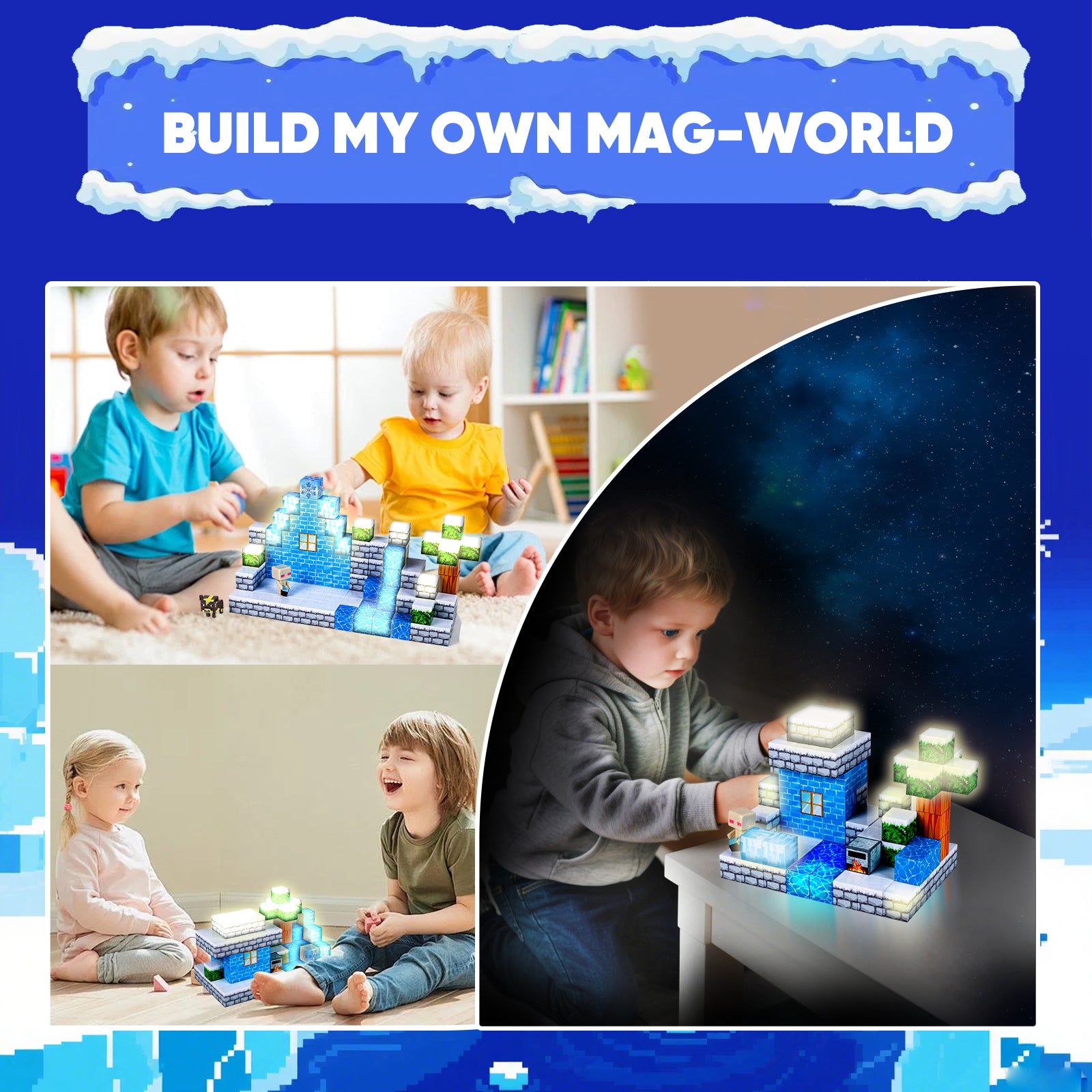 EJO World 128-Piece LED Magnetic Blocks – Snow Adventure Set