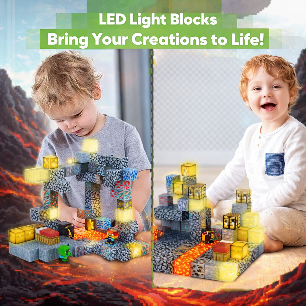 EJO World 128-Piece LED Magnetic Blocks – Lava & Volcano Adventure Set