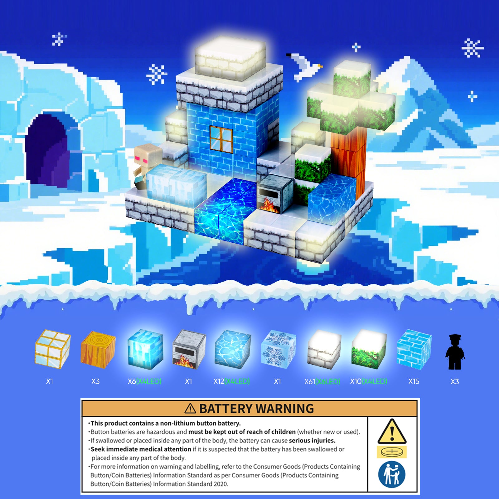 EJO World 128-Piece LED Magnetic Blocks – Snow Adventure Set